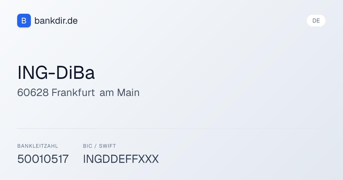 ING-DiBa in Frankfurt am Main: BLZ 50010517, BIC INGDDEFFXXX | bankdir.de